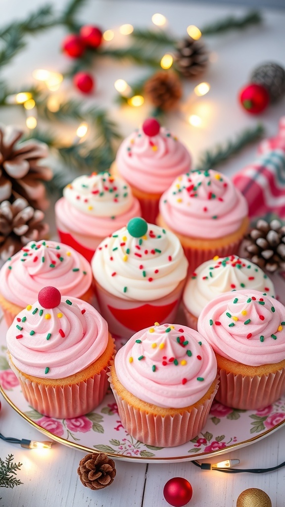 Pink Christmas cupcakes with white frosting and sprinkles on a decorative plate with holiday decorations.